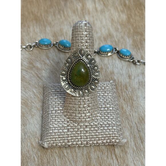 Native American SW Sterling Silver emerald valley Turquoise Ring Adj💚Stamped - Picture 4 of 11